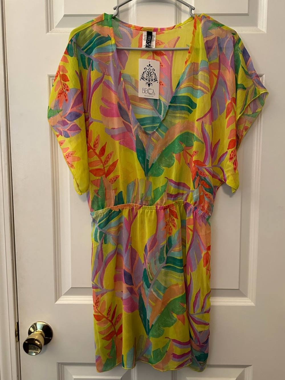 NWTS BECCA Yellow Tropical Leaf Sheer Beach Tunic Sz M/L